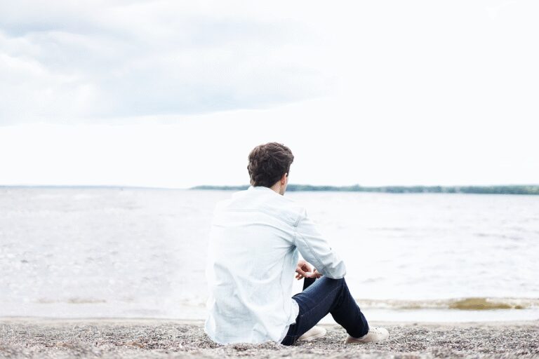beach, man, ocean, outdoors, sand, sea, sitting, alone, back, water, solitude, solitary, young man, shore, nature, seashore