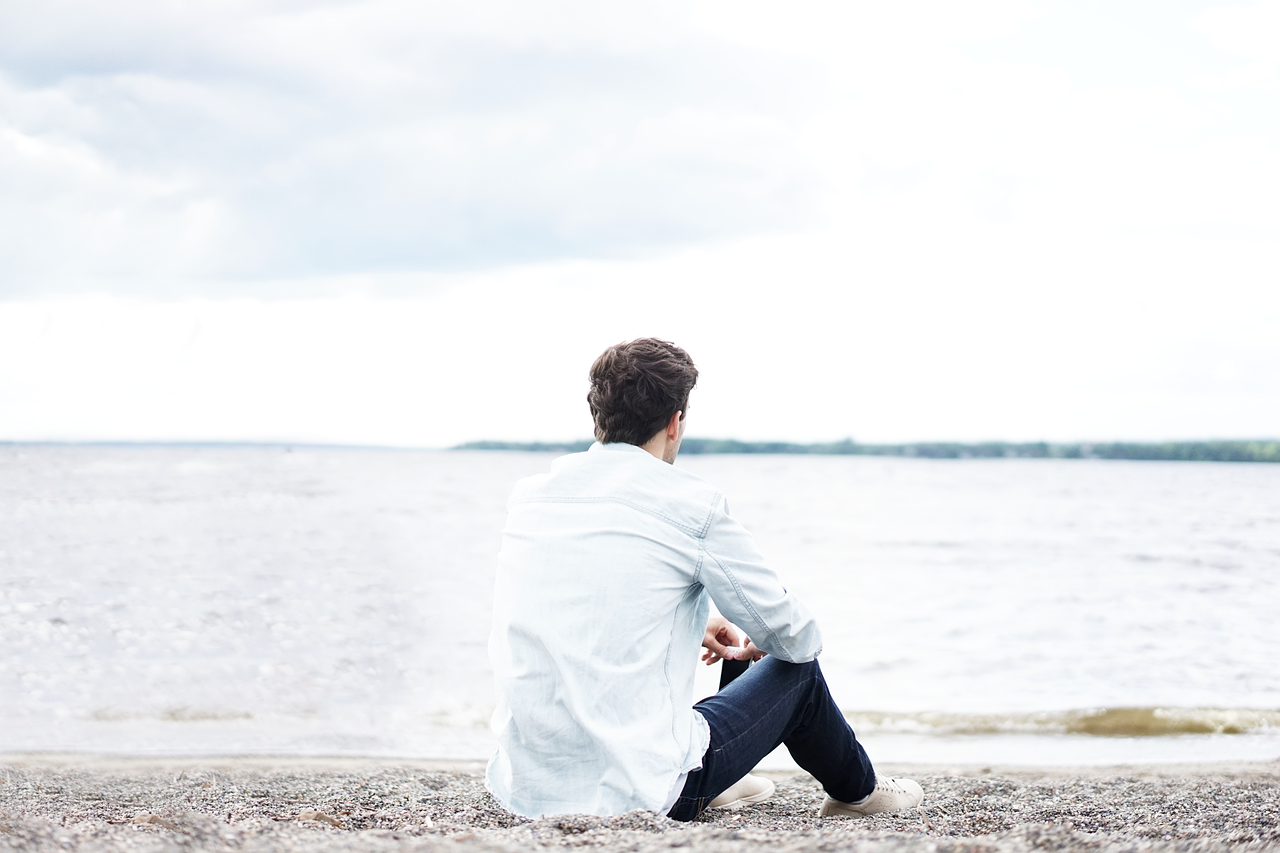 beach, man, ocean, outdoors, sand, sea, sitting, alone, back, water, solitude, solitary, young man, shore, nature, seashore