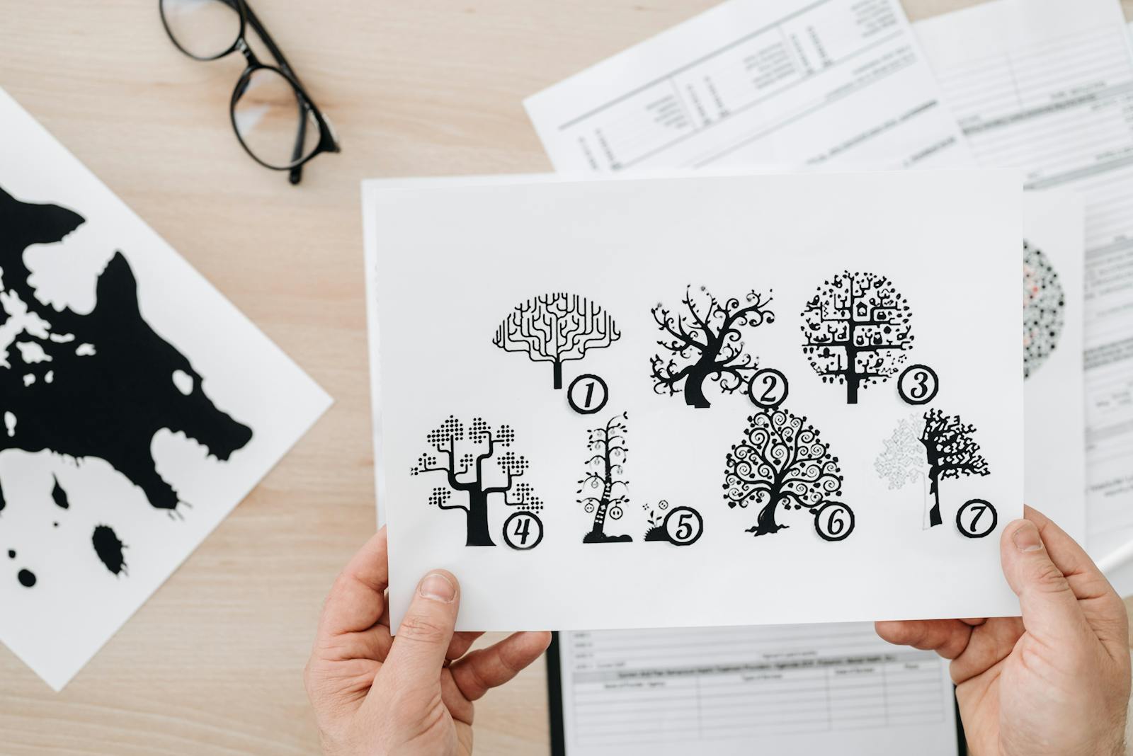 Close-up showing hands holding paper with tree test illustration for psychological assessment.